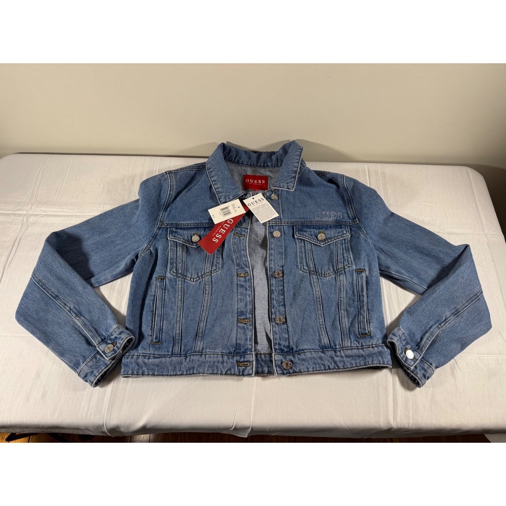 NWT Guess Manuela Rhinestone Logo Denim Jacket Medium Wash Blue Womens L